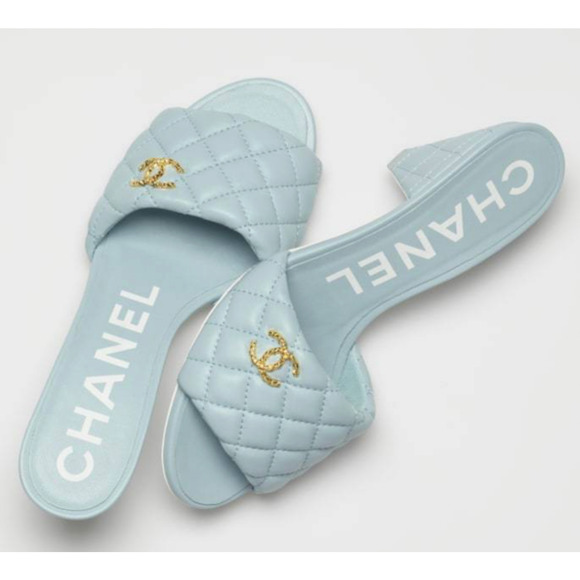 Chanel 22P Blue Lambskin Quilted CC Gold Logo Cone Heel Mule Slide Sandal 41.5 - Picture 5 of 12